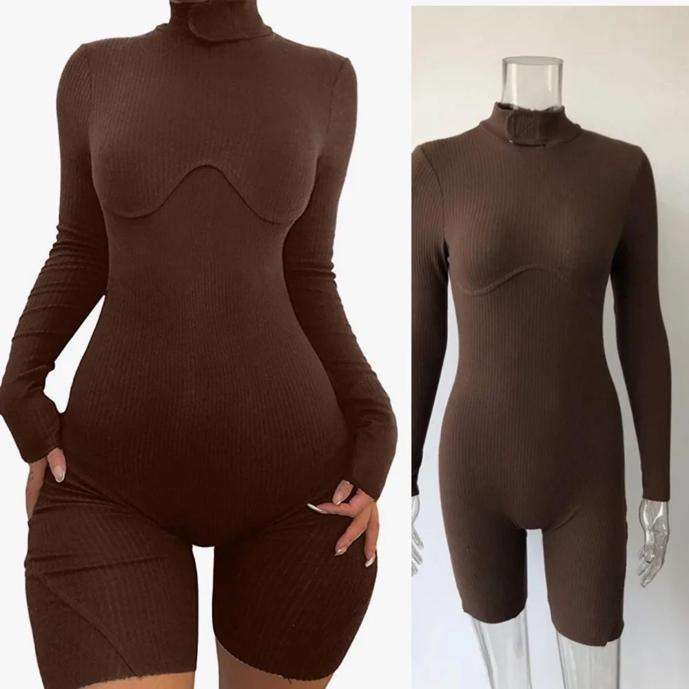 Fashion Nova/ Brown Ribbed Long sleeve Short Jumpsuit - Picture 3 of 6